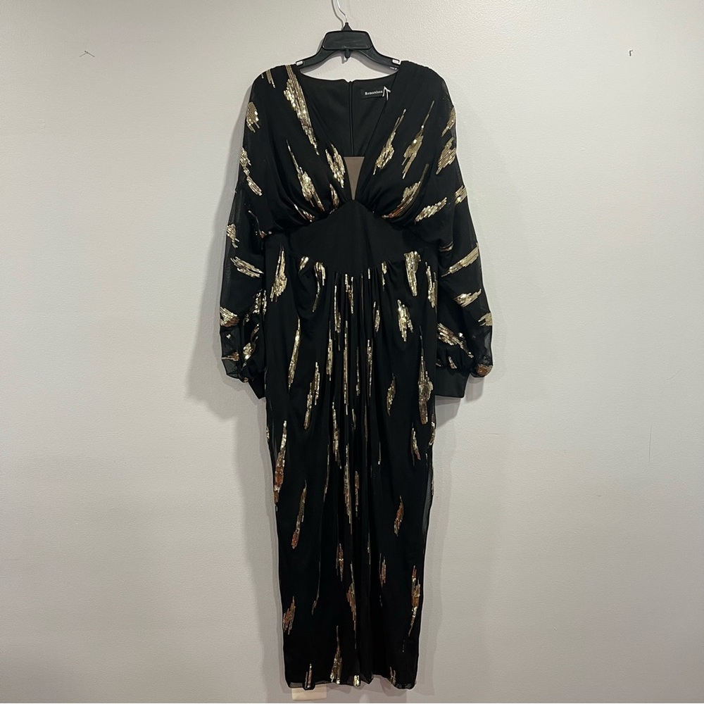 Romanissa Elegant Black and Gold Sequined Embellished Long Sleeves Women's Dress